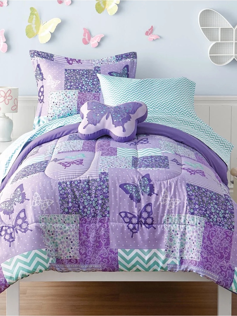 Purple Butterfly Patchwork Comforter Set - Floral & Chevron Bedding. 5 piece